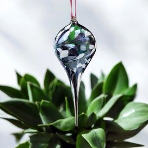Murano Hand Blown Teardrop Ornament Green and White Accents Italy
